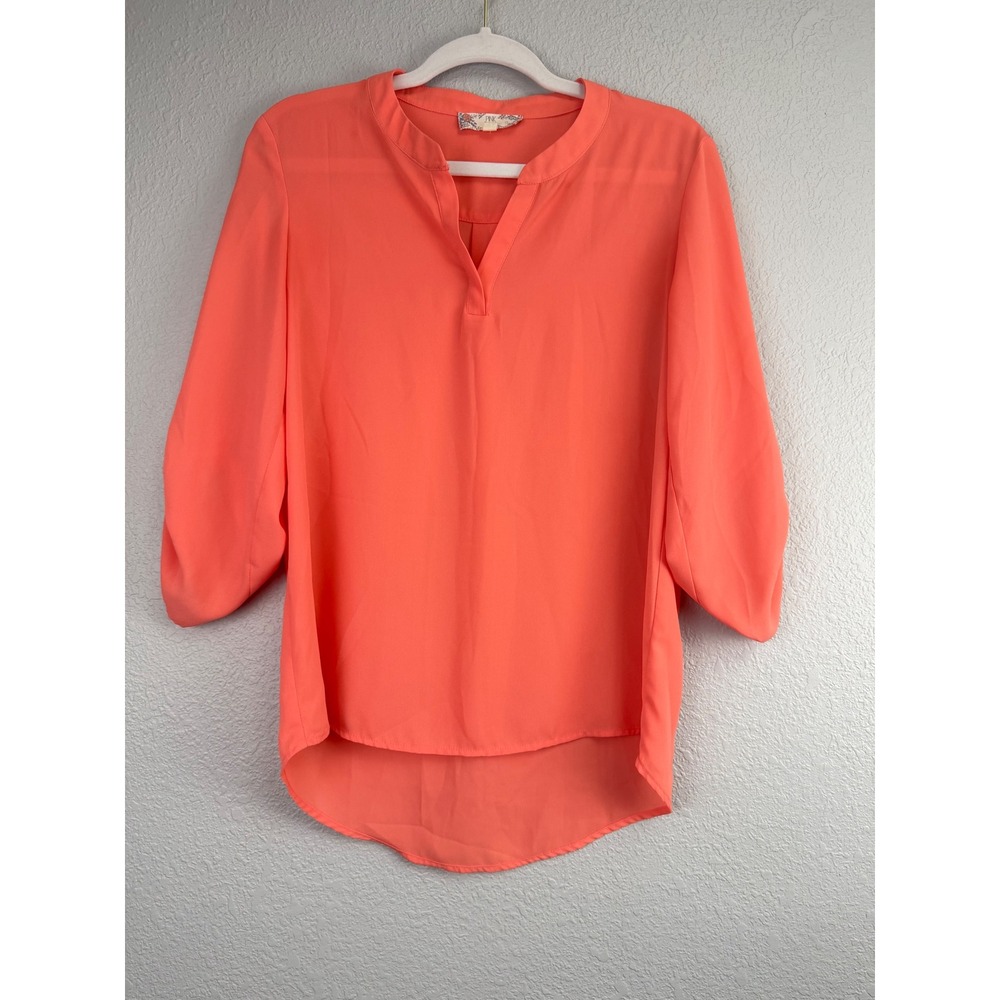 Pink Rose Womens Blouse Coral‎ Pink Roll Tab Sleeve Split Neck Asymmetrical
